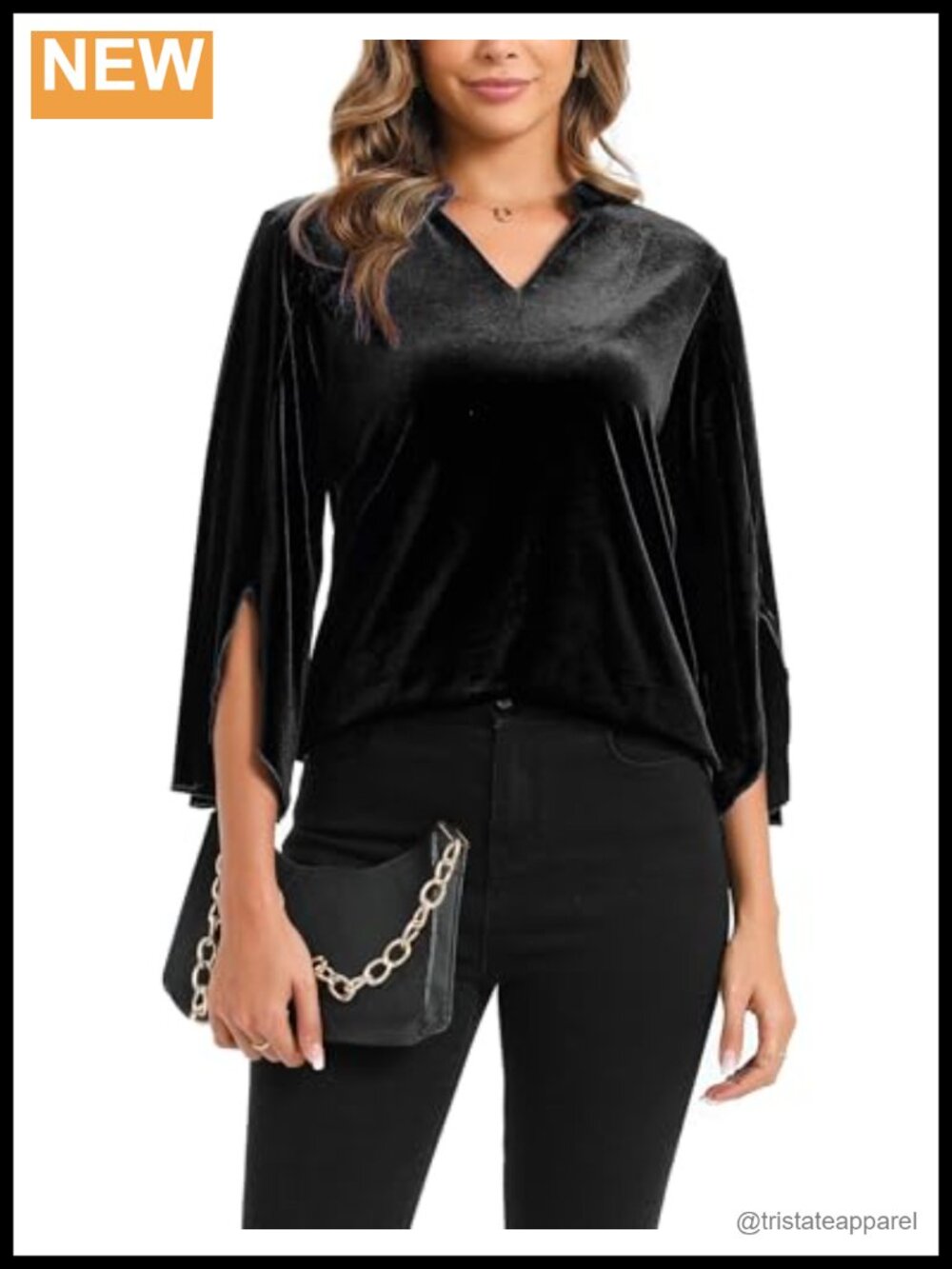 Women's Velvet V-Neck Blouse 3/4 Ruffle Split Sleeve Elegant Casual Top